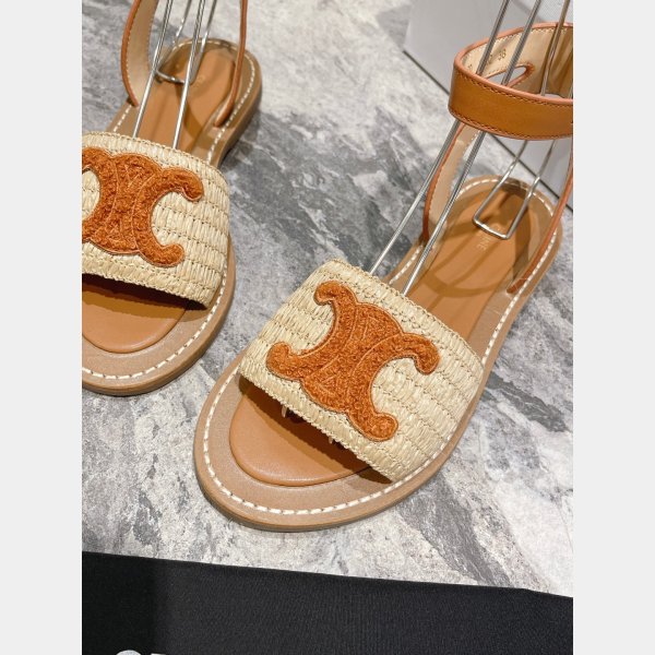 Top Quality Celine LYMPIA FLAT STRAP SANDAL in RAFFIA & CALFSKIN