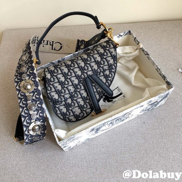 Replica Christian Dior Saddle Bag Grained Blue Oblique Jacquard