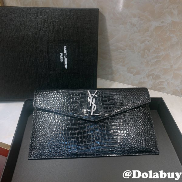 YSL Top Quality Clutch in embossed crocodile shiny black leather