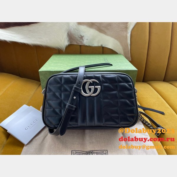 Wholesale Gucci Replicas Best Black/White 447633 Leather GG Marmont Bag